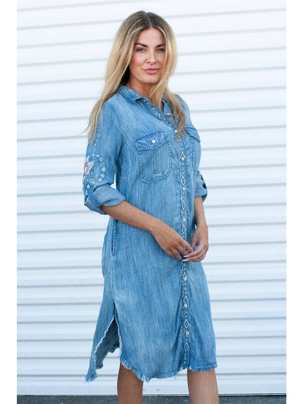 Karyn Seo Floral Embroidered Long Sleeve Button Front Denim Dress - Picture 2 of 5